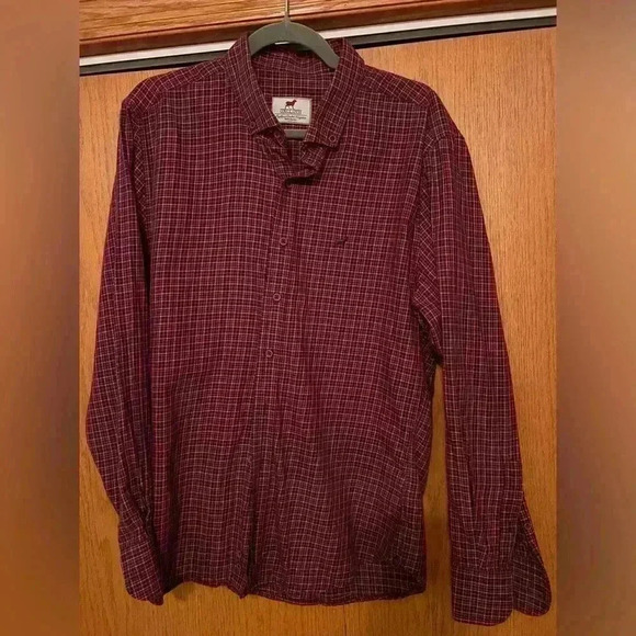 Oxcloth Red and navy plaid button down bodybuilder shirt L - Picture 1 of 7